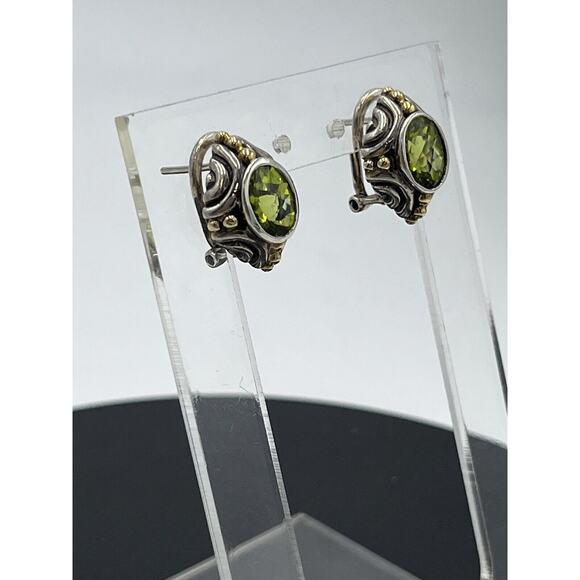 BJC Samuel Benham Sterling Silver Sign 14k Gold Oval Peridot Stud Omega Earrings - Picture 4 of 16